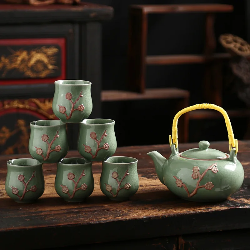 

Geware Relief Large Loop-handled Teapot Ceramic Tea Set Whole Set Handmade Top Grade Business Kung Fu Tea Set Gift Gracked Glaze