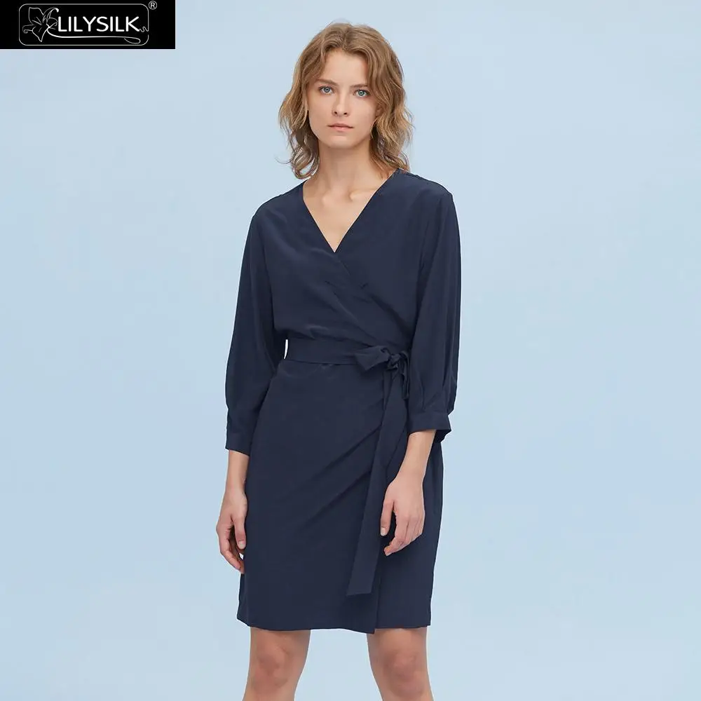 LilySilk облегающее шелковое платье с запахом для женщин Новинка - Цвет: Navy Blue