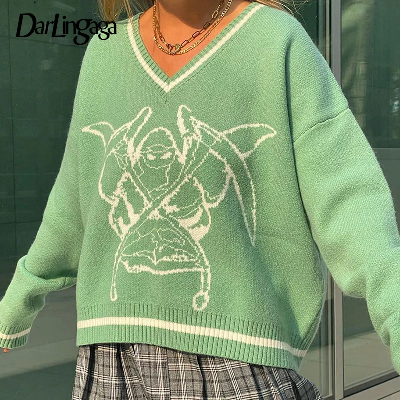 Knitted Sweater Jumpers Y2k Winter Pullover Printed Darlingaga Preppy-Style Stripe V-Neck