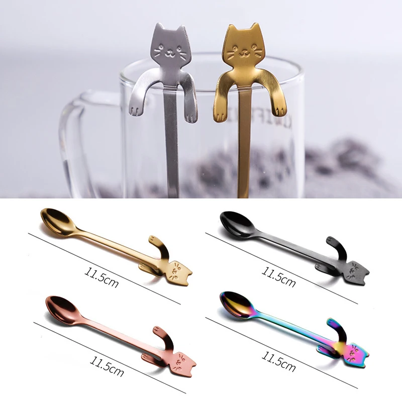 Кофейная мини-ложка из нержавеющей стали 304 с мультяшным котом длинной ручкой