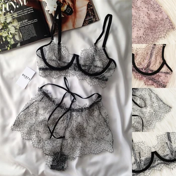 

2 pcs Sexy Women Black Lace Crochet Lingerie set Ladies Hollow Strappy Bra Perspective Panties Erotic hot Underwear Sleepwear