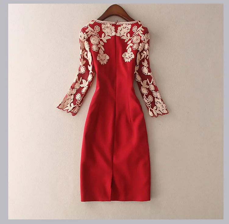 VERDEJULIAY взлетно-посадочная полоса платье 2020 осень-зима Высокое качество длинный рукав с цветочной вышивкой Темно-синие красные, черные