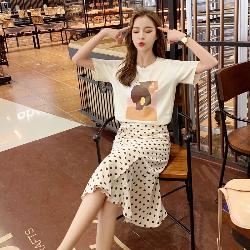 

2019 New Style Black Printed Shirt Polka Dot Skirt Two-Piece Set WOMEN'S Suit Long Skirts Dress French
