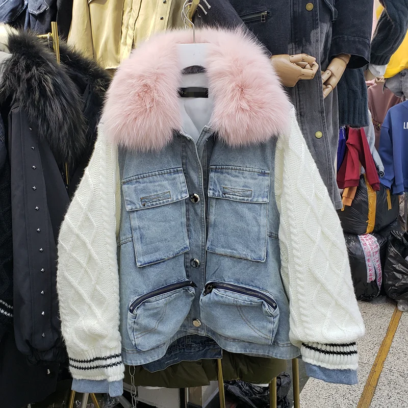 Зима, новинка, европейские товары, сшитые скрученные вязанные рукава, имитация двух частей, меховой воротник, джинсовая куртка