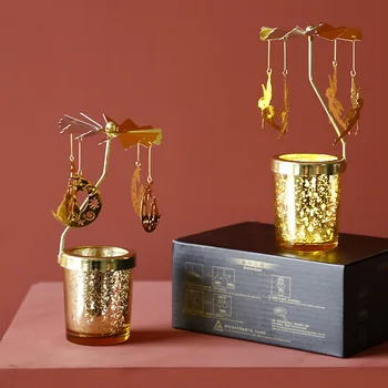 

European Style Rotating Candle Holder Revolving Lantern Simple Wrought Iron Glass Candlelight Dinner Props Hanging Candle Holder