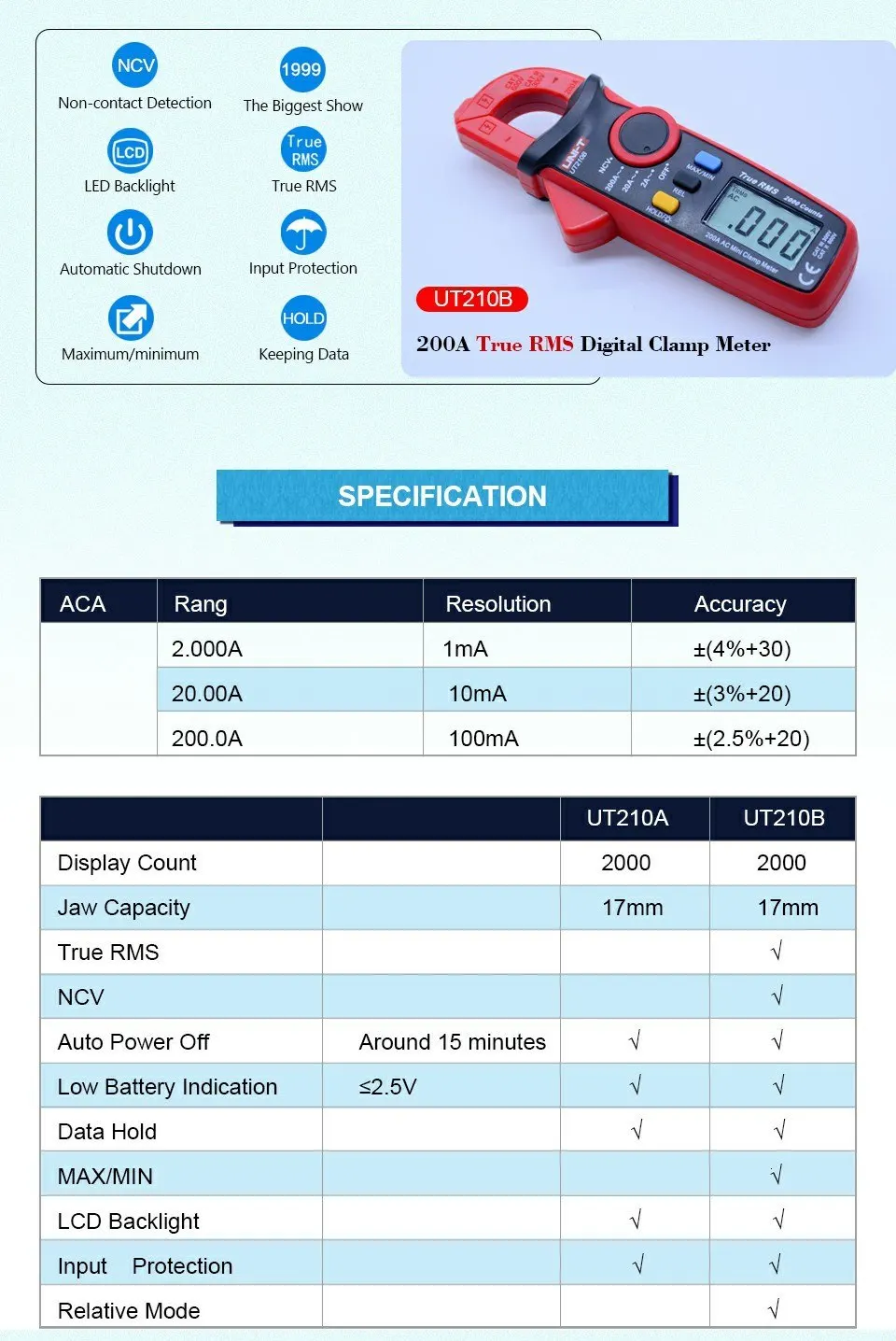 UNI-T UT210B Мини Клещи вольтметр переменного тока True RMS Удержание данных Автоматический диапазон цифровой мультиметр с НТС и подсветкой дисплей