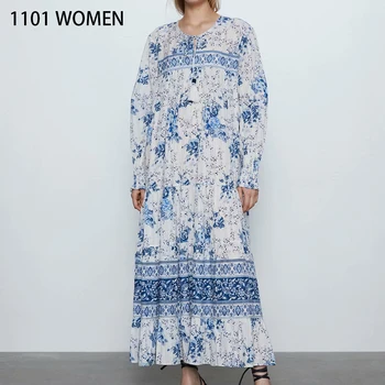 

ZA NEW spring women white blue floral print beading long sleeve O-Neck ankle-length dress female vintage fashion casual clothes