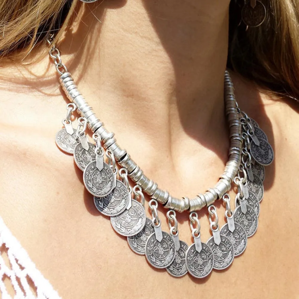 New Women Stylish Pretty Boho Fashion Ethnic Statement Bib Pendant Collar Choker Coin Necklace MV66
