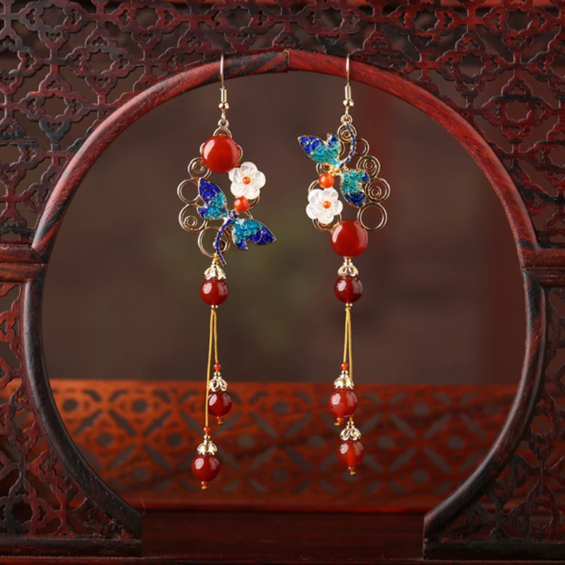 Chinese palace style vintage 925 silver pin Cloisonne red stone tassel earrings for full dress cheongsam Martial arts decoration