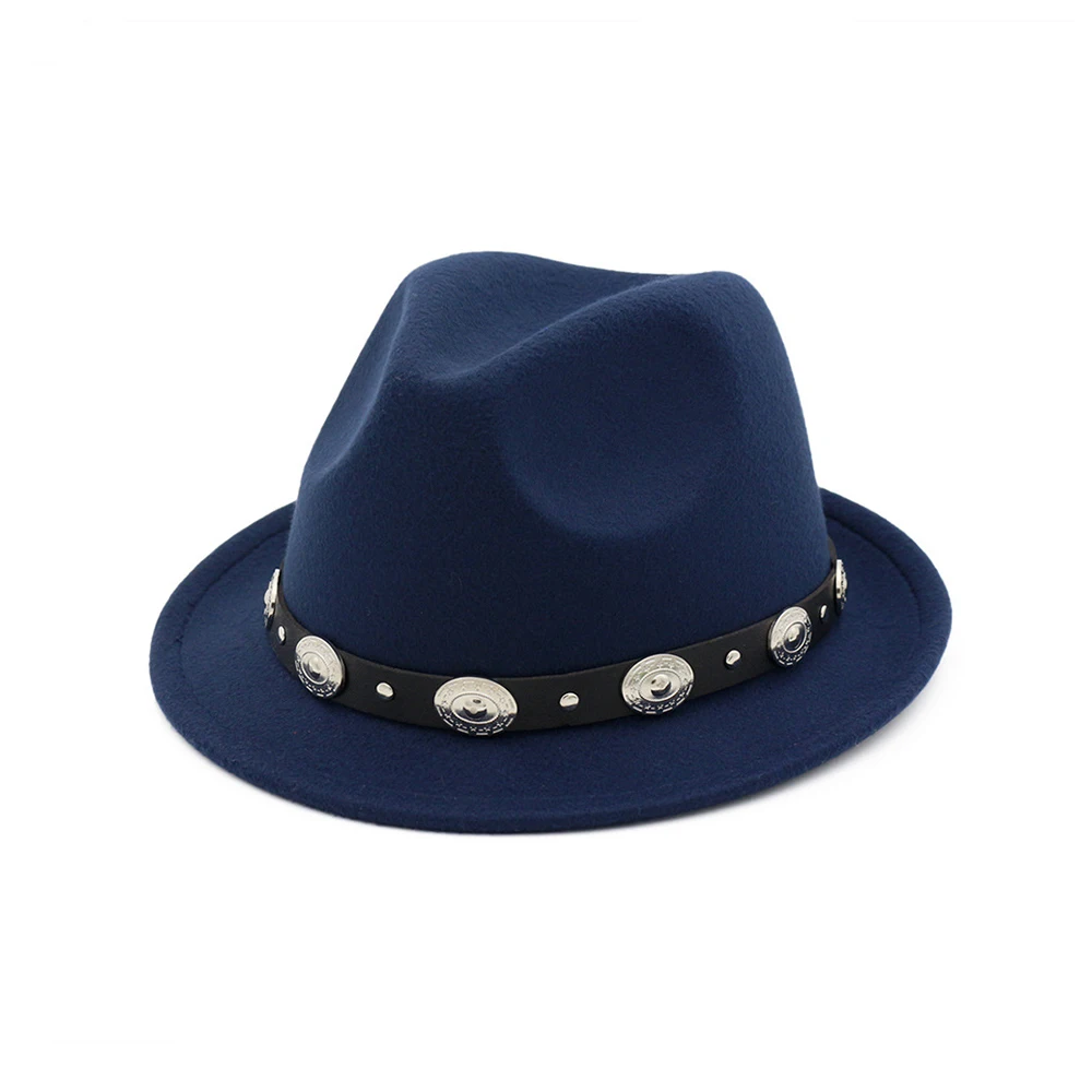 Dark Blue Новая модная женская мужская фетровая шляпа для леди джентльмен Панама джазовая, шляпа размер 56-58 см - Цвет: Dark Blue