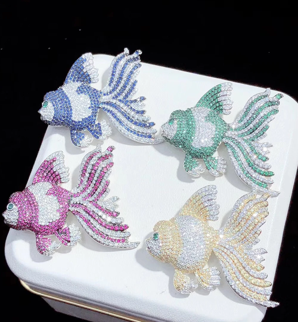 Women's 1pc 38x45mm golden plated Mixed Color Cz micro fish brooch
