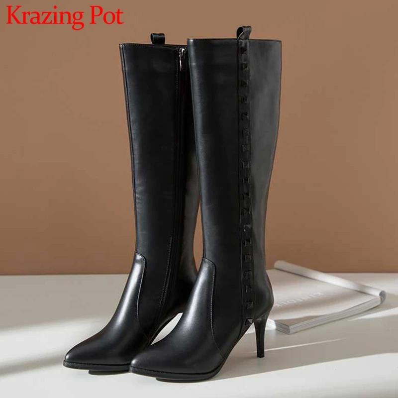 

krazing pot winter European style thin high heels cow leather pointed toe fashion rivets decorations zip knee high boots L2f1