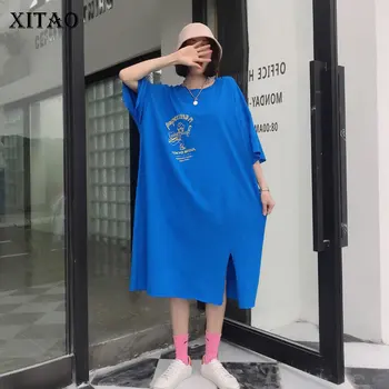 

XITAO Korean Style Patchwork Short Sleeve Loose Plus Size Women Print Solid Color Dress 2020 Summer New Dress Women GCC3406