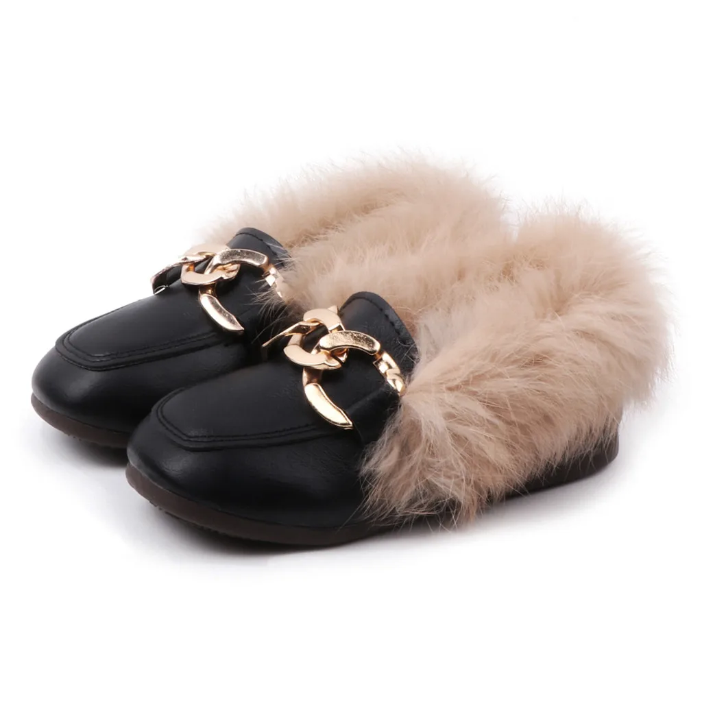 JAYCOSIN/ г.; зимняя обувь принцессы для маленьких девочек; детская стильная Высококачественная кожаная обувь на плоской подошве с мехом; Повседневные Вечерние туфли для девочек - Цвет: BK