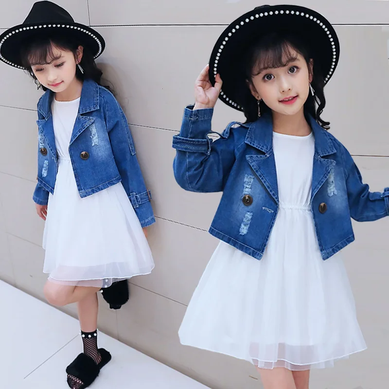 Autumn Kids Clothes Girls Lace Dresses Long Denim Jacket For Girls Children Clothes Sets Kids Fashion Girls Tracksuit Set