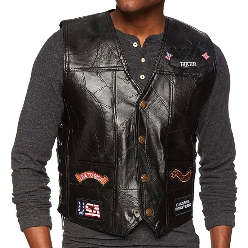 Motocycle Vest Men's Stitching Sheepskin Leather Waistcoat with Embroidered Badge Motocross Equipment Motocycle Jacket VL004