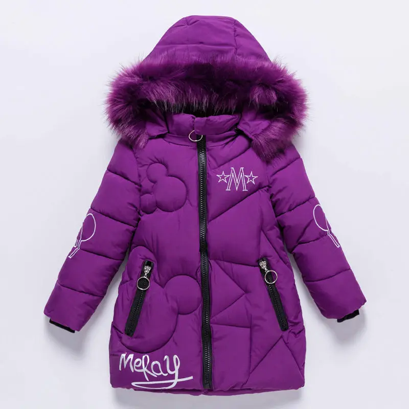 Пуховики для девочек; теплая верхняя одежда с буквенным принтом для малышей; плотные пальто; Детские Зимние куртки; детская верхняя одежда с вышивкой и героями мультфильмов - Цвет: meray-purple