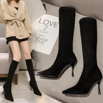 

Pointed Toe Sock Boots Knee High Boots Thin High Heels Knitting Booties Slip On Black Shoes Stretch Boots Woman Spring/Autumn