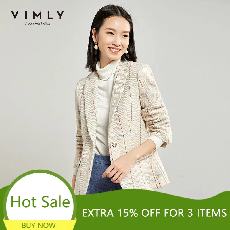 Female Blazer Coat Elegant Jacket Single-Button Wool Vintage Vimly Women Office Lady