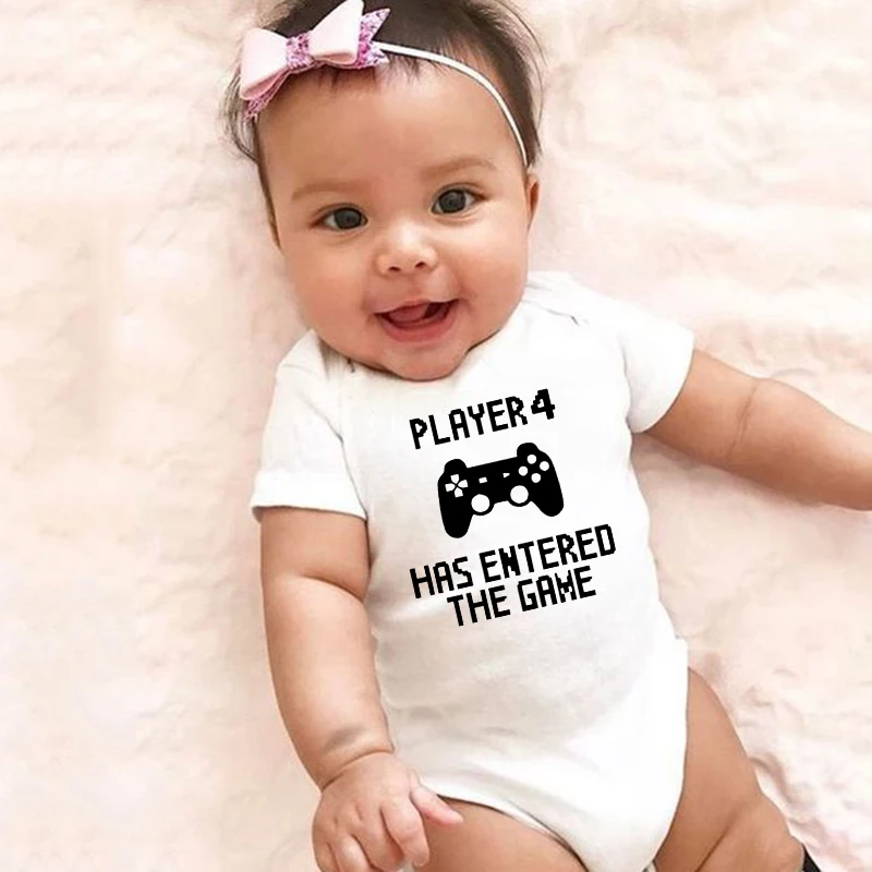 

Player 4 Has Entered The Game Newborn Baby Romper Funny Infant Boys Girls Short Sleeve Jumpsuit Onesie Outwear 0-24Months