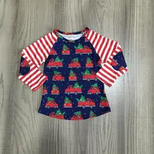 Для маленьких девочек модный топ футболки рождественские с деревом Одежда патч Длинные рукава хлопковая детская одежда с рисунком на тему в полоску в морском стиле с оборками