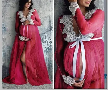 

Women's Mesh Front Split Mop Long Dress Maternity Long Sleeve Lace Clothes For Pregnant Women Dress