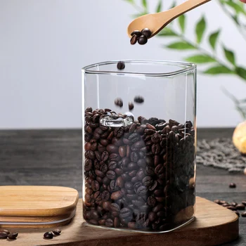 

Airtight Food Storage Jar Glass Coffee Bean Spice Sugar Flour Jars Containers with Lids and Wooden Spoon PI669