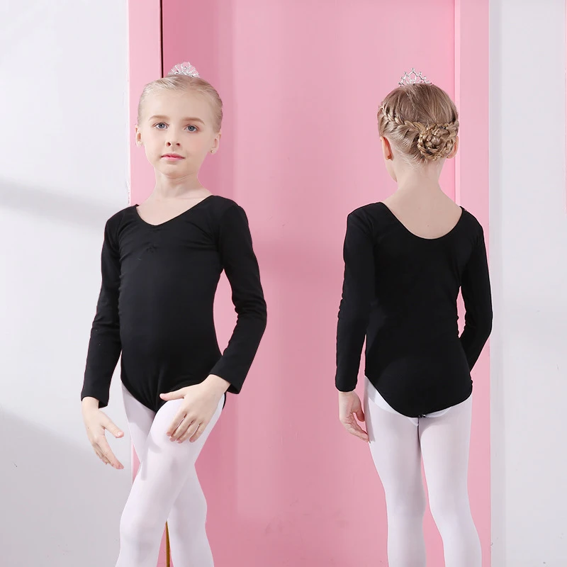 long sleeves Детское платье-пачка для маленьких девочек; хлопковая одежда для латинских танцев; облегающая одежда с длинными рукавами и v-образным вырезом для гимнастики; цельнокроеное балетное платье - Цвет: long sleeves
