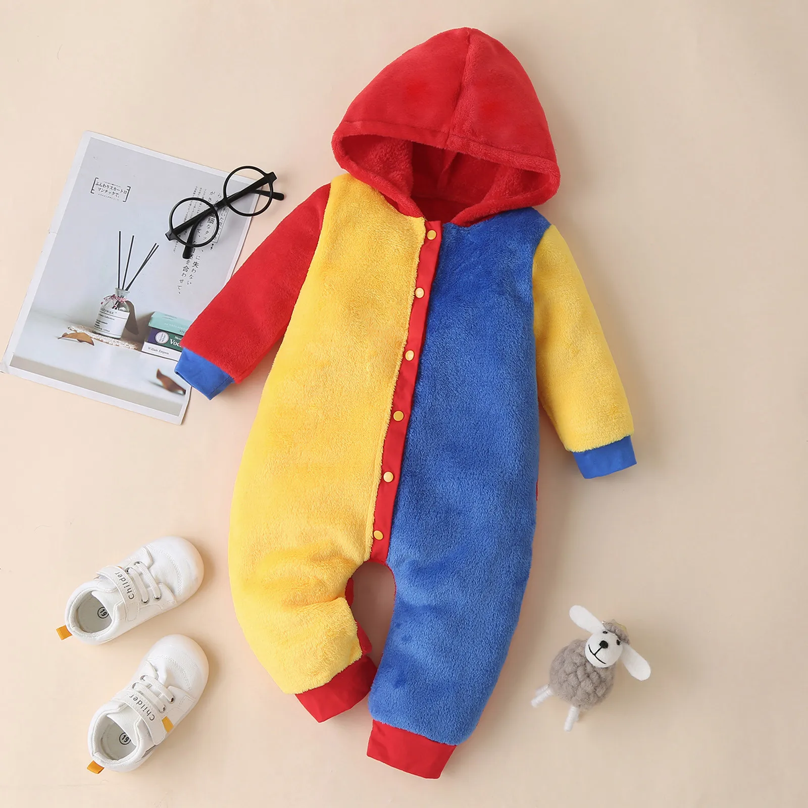 

3-18Months Infant Baby Boys Girls Color Stitching Hoodie Fleece Romper Jumpsuit Lively rainbow print Thick warm Simplicity M5