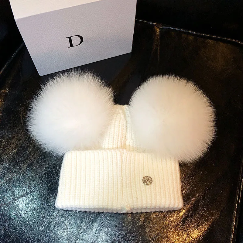 

women's winter real fox fur wool knit hat cap beanie with 2 two double pom poms pompom ears funny hat