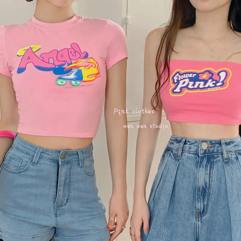 Summer Pink woman T-shirt Letter prin Tube top Slim Fashion  Beach Harajuku Tees shirt clothes vintage tshirt Punk Korean pop