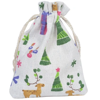 

Promotion--50Pcs Christmas Candy Bag Linen Drawstring Gift Bags Deer Elk Ride Kids New Year Gifts Packing Bags Storage Bag Event