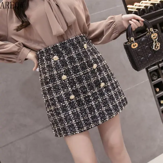 Tanie Tweedowa spódnica w połowie długości dla kobiet w jesiennej wiosny 2019 nowy koreański biały czarny szykowne krótkie spodnie spódnica z wysokim stanem i biodrem