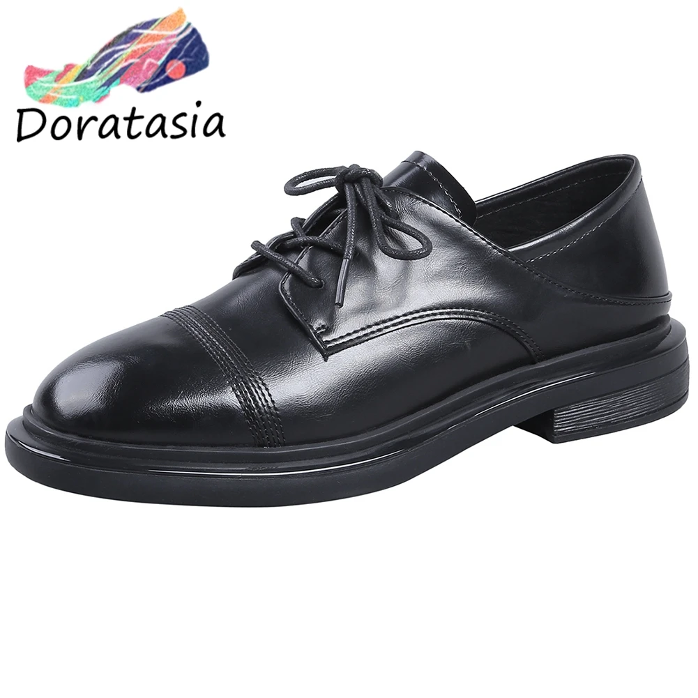 

DORATASIA Brand Girl Lace Up Round Toe Genuine Leather Sewing Flats Spring Flats Women Office Casual Black Retro Shoes Woman