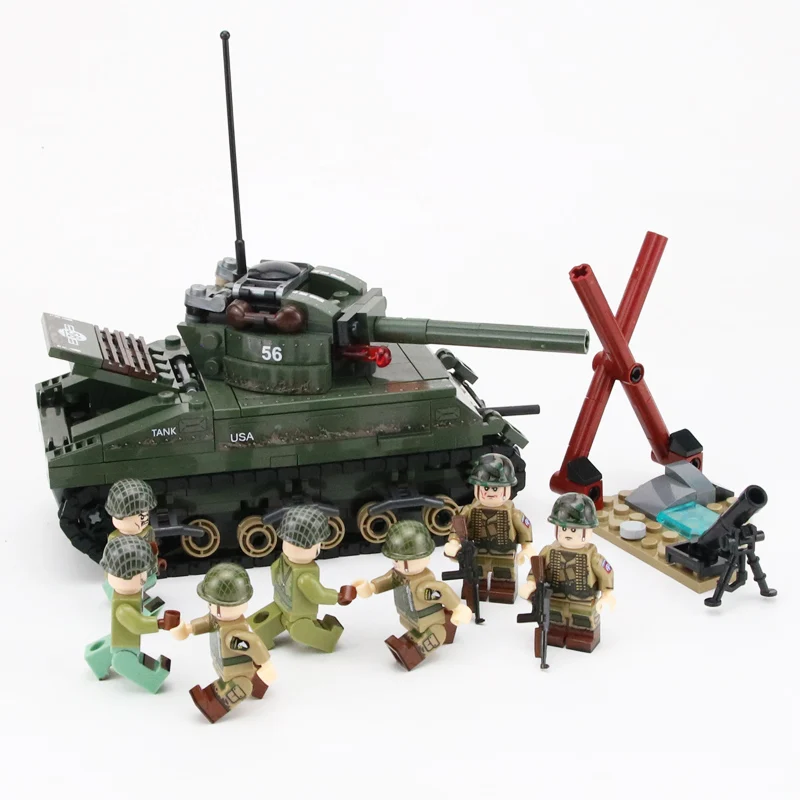 WW2 Military US Sherman M4 Tank Model Building Blocks US Army Soldiers Figures Weapons Accessories