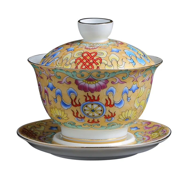 Цветная эмалированная китайская чайная посуда Gaiwan Sancai, чайная чаша, набор чайных чашек и блюдца, 150 мл, чайная чашка, чайник