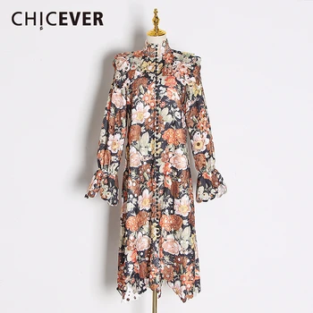 

CHICEVER Casual Ruffle Print Hollow Out Dress For Women Stand Collar Flare Sleeve Vintage Dresses Female 2020 Spring Fashion