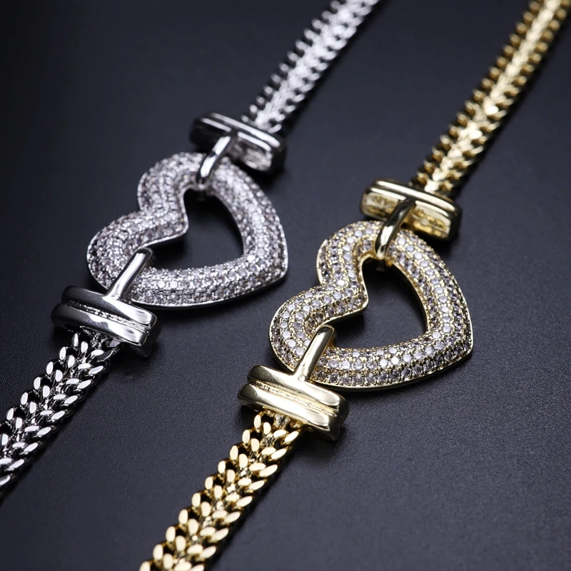 Luxury Heart Shape Jewelry Sets Paved Micro Cubic Zirconia Gold Color Pendant Necklace Bracelets Bangles sets For Women Jewelry