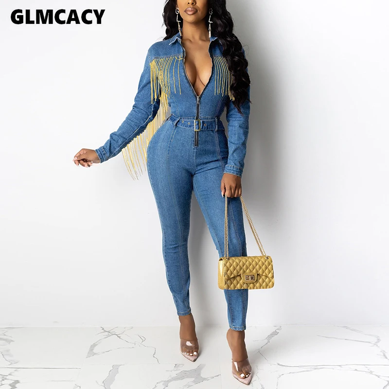 

Women Plus Size Tassel Design Long Sleeve Bodycon Skinny Denim Jumpsuit Slim Fit Female Stretch Spring Fall Overall