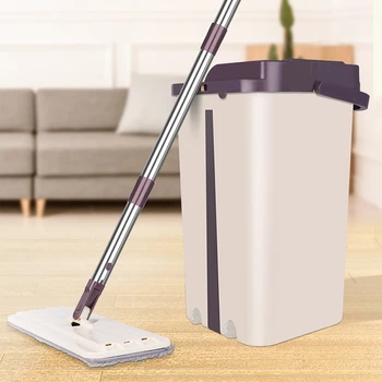 

New Flat Squeeze Mop and Bucket Hand Free Wringing Floor Cleaning Mop Microfiber Mop Pads Wet or Dry Usage on Hardwood Laminate