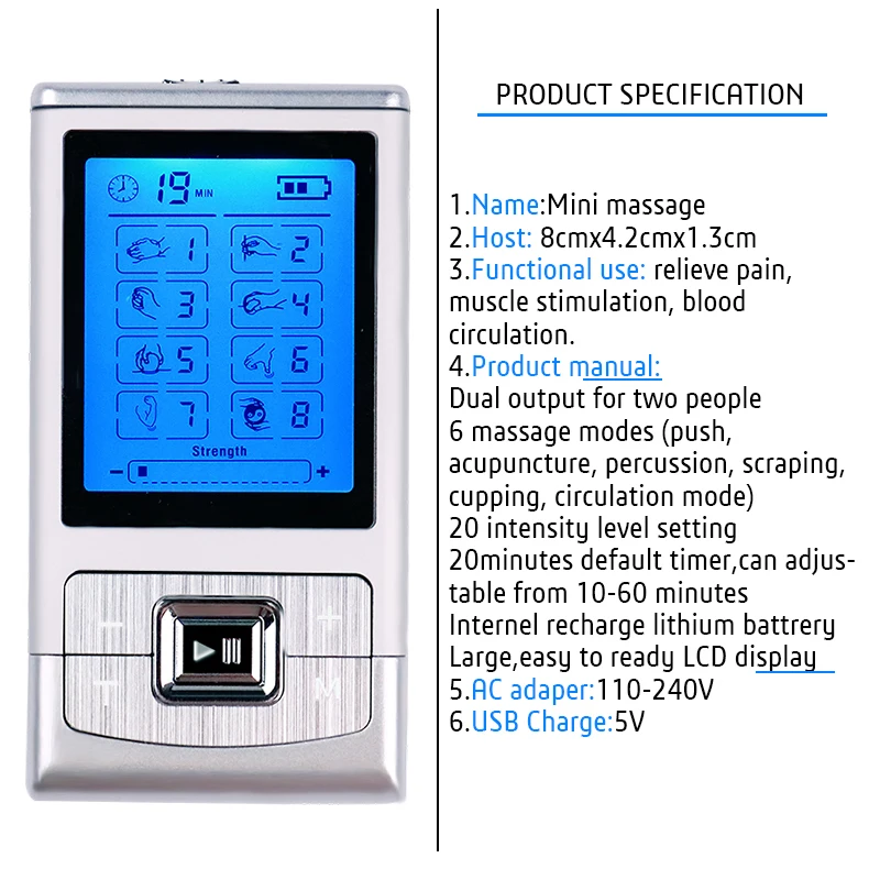 Мини Импульсный Массажер Акупунктура 8 режимов электрическая стимуляция массаж мышечная терапия облегчение боли легкий ЖК-дисплей