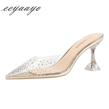 

2020 New Summer Women Mules Slippers High Thin Heels Pointed Toe Crystal Rivet Sexy Ladies Women Shoes Gold Outside Slides