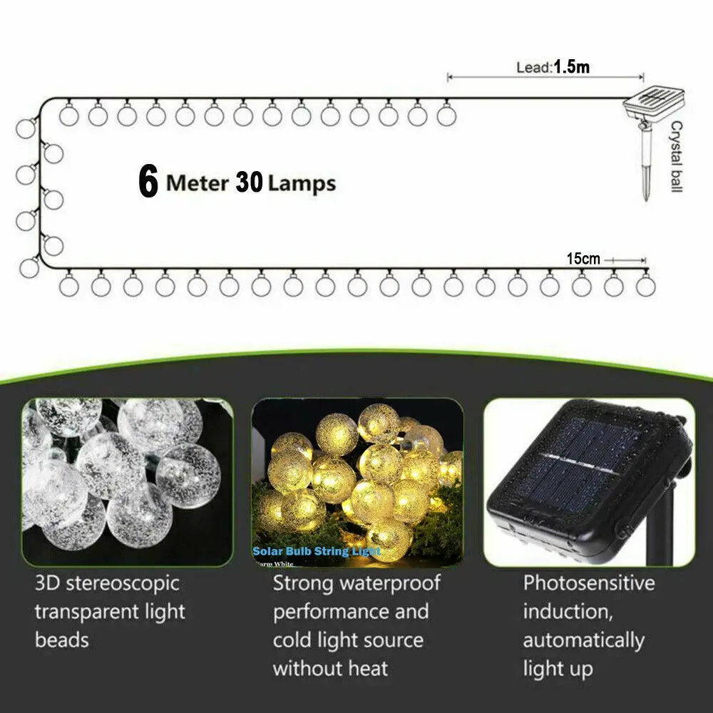 Солнечный 20/30LED хрустальный шар светильник, сказочный светильник, супер яркий Праздничный Рождественский Декор для двора, романтическая прочная Ландшафтная лампа для сада