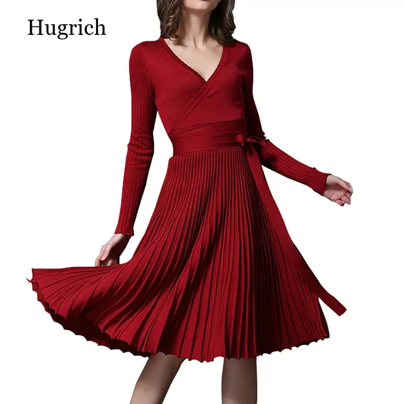 

Женское трикотажное плиссированное платье миди с V-образным вырезом и высокой талией, винтажные женские платья на шнуровке, осень 2021, модные женские платья