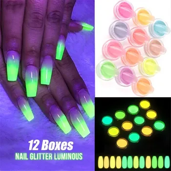 

12Box/Set Ultrafine Fluorescent Nail Powder Neon Phosphor Colorful Nail Art Glitter Pigment 3D Glow Luminous Dust Decorations