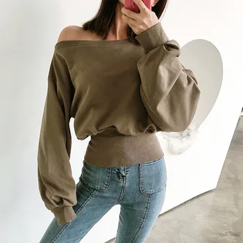 

Women Hoodie Solid Color Casual Lantern Sleeve Cold Shoulder Zipper Streetwear Hoodie Sweatshirts Women Simple Tops Fashion