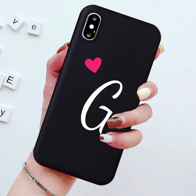 Love Heart Soft Silicone Black Couple Phone Case with Letters A B C D