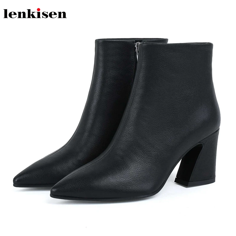 

Lenkisen European style genuine leather high heels pointed toe daily wear solid simple winter keep warm women ankle boots L1f1