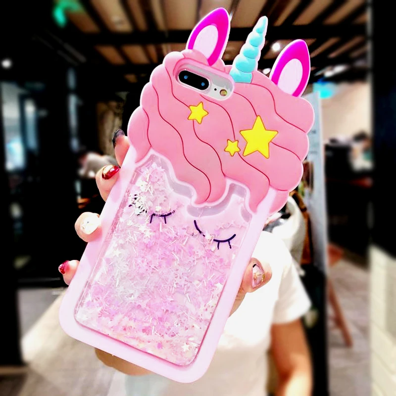 3D Cartoon Pink Quicksand Unicorn Soft Silicone Liquid Stars Case for Iphone 7 Plus 8 6 6S plus 5 S 5S SE XS Max XR X Phone Case (1)