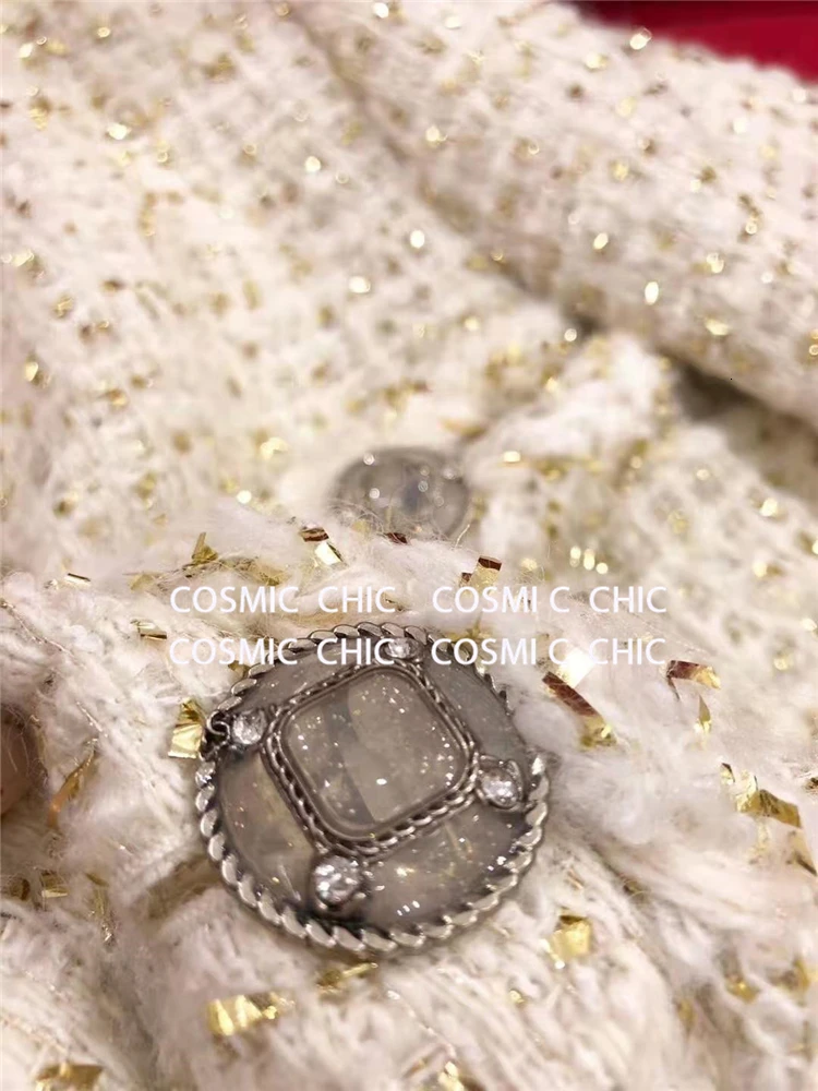 Cosmicchic, женское осеннее элегантное белое короткое пальто, роскошная шерстяная твидовая куртка с длинным рукавом, золотая нить, плетение, OL, Женская куртка